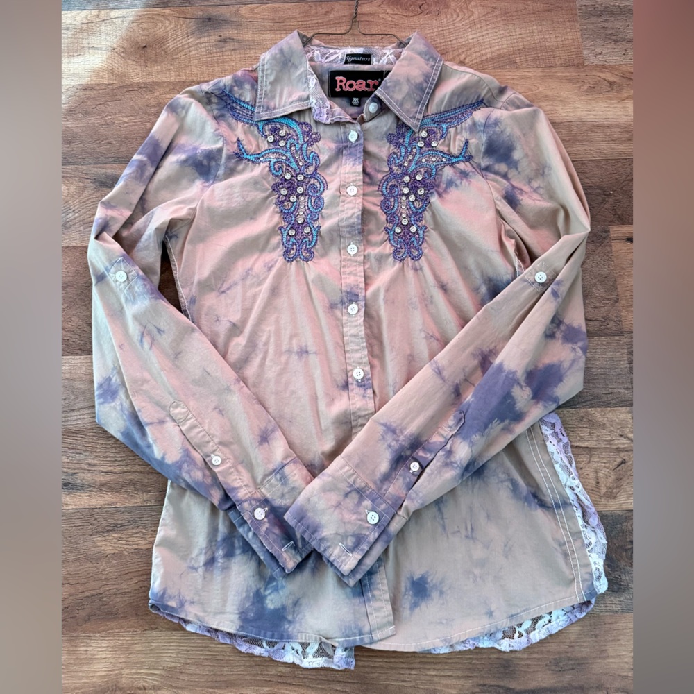 Roar Pastel Pink & Lavender Embroidered Button-Up Shirt